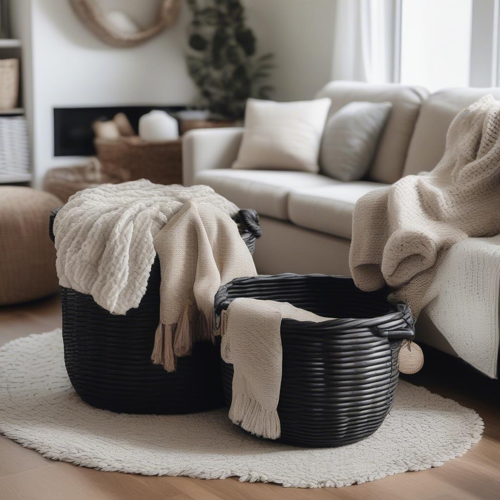 Black wicker storage baskets in a living room setting