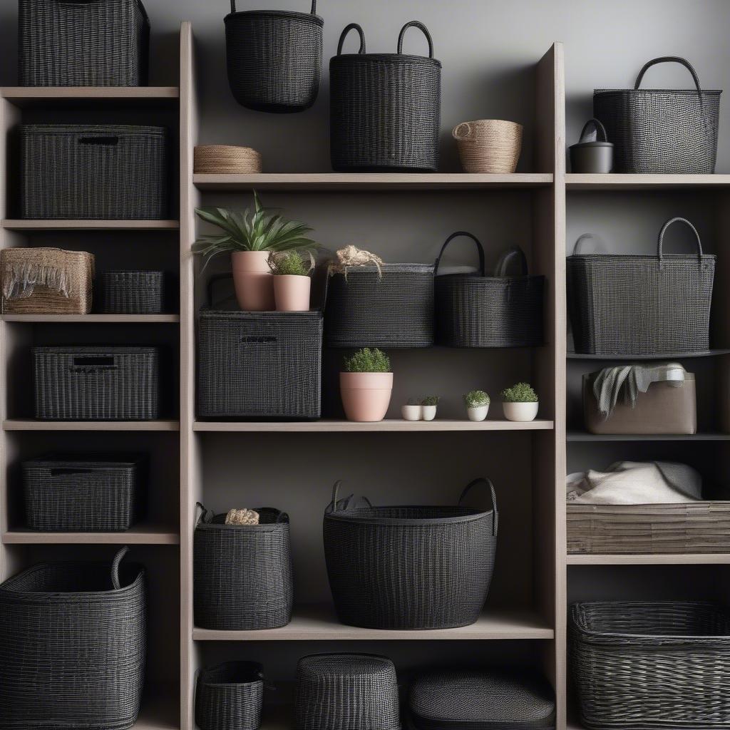 Various Black Wicker Storage Baskets in Different Sizes and Shapes