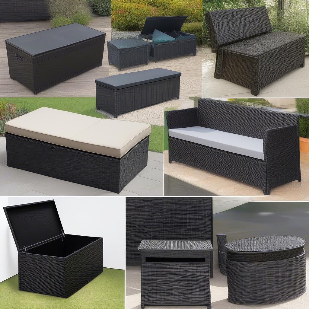 Different sizes of black wicker storage benches.