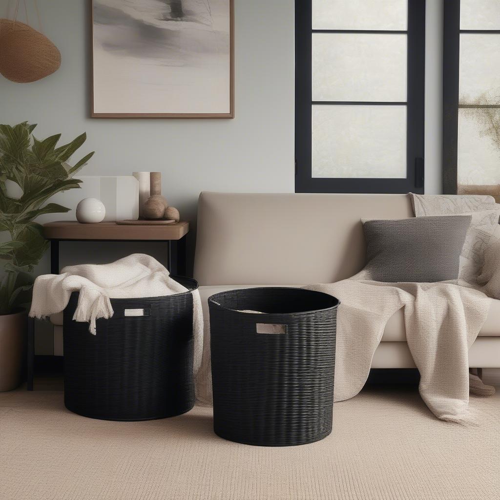 Black wicker storage bins in a living room setting