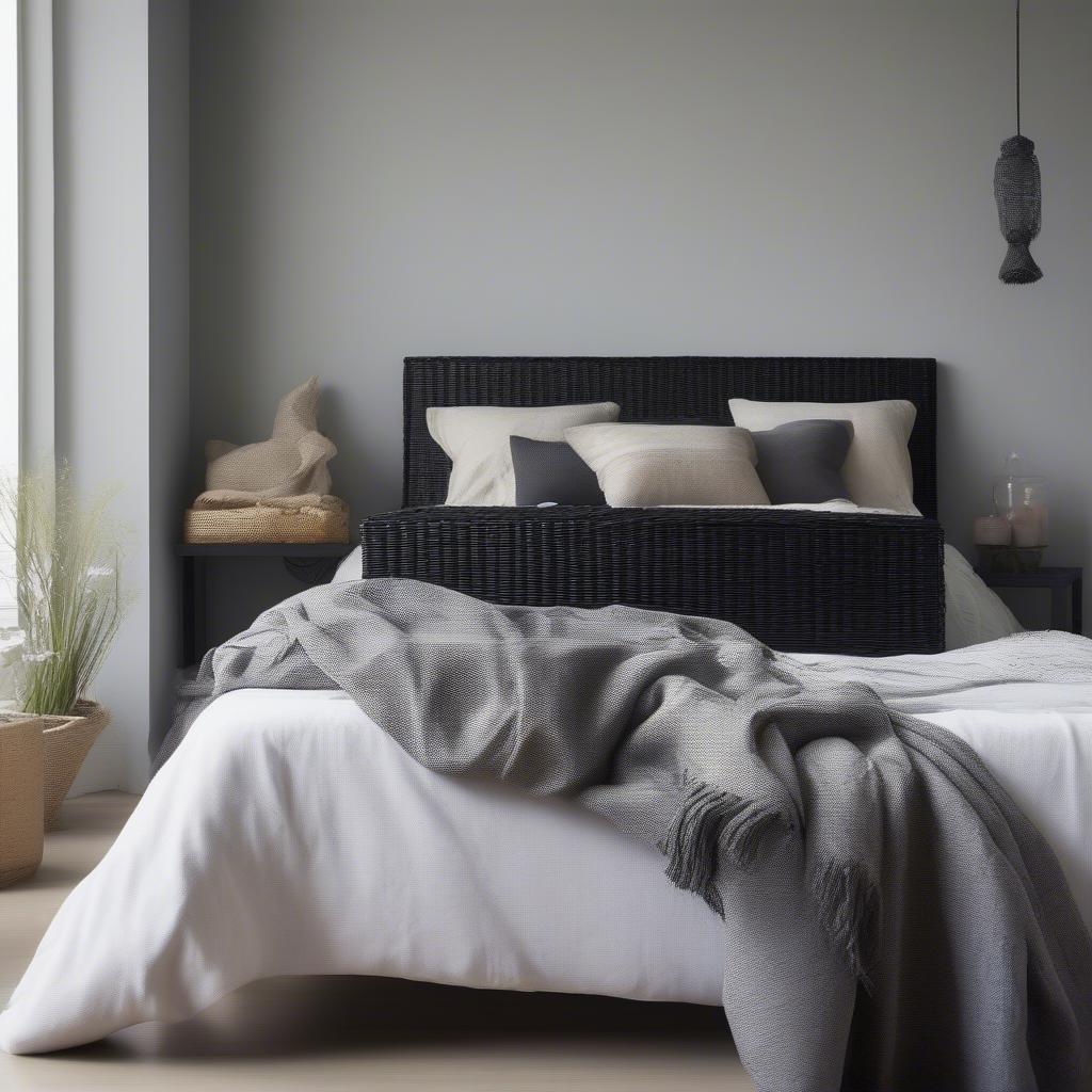 Black wicker storage box in a bedroom