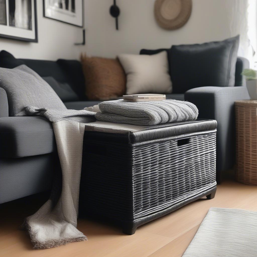 Black wicker storage box in a living room setting