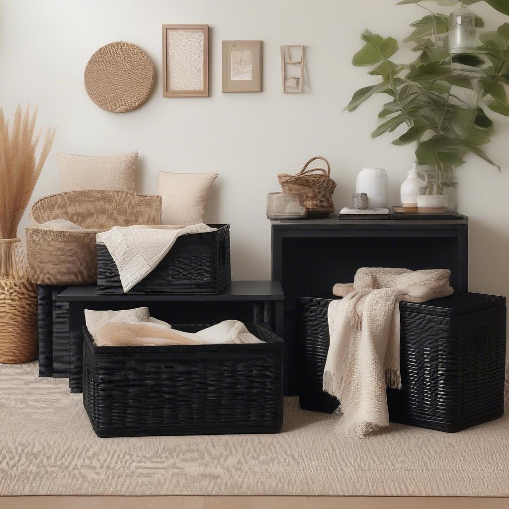 Black wicker storage boxes in a living room setting