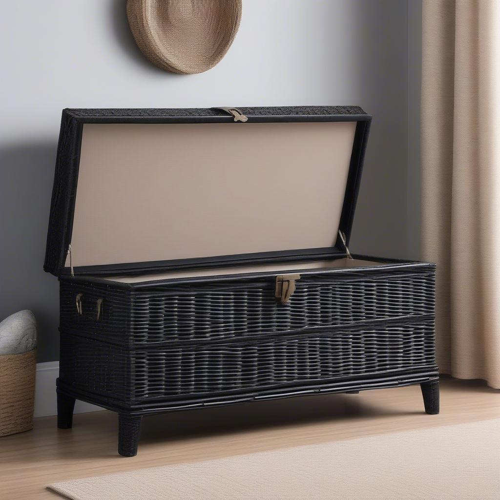 Black wicker storage chest in a living room setting