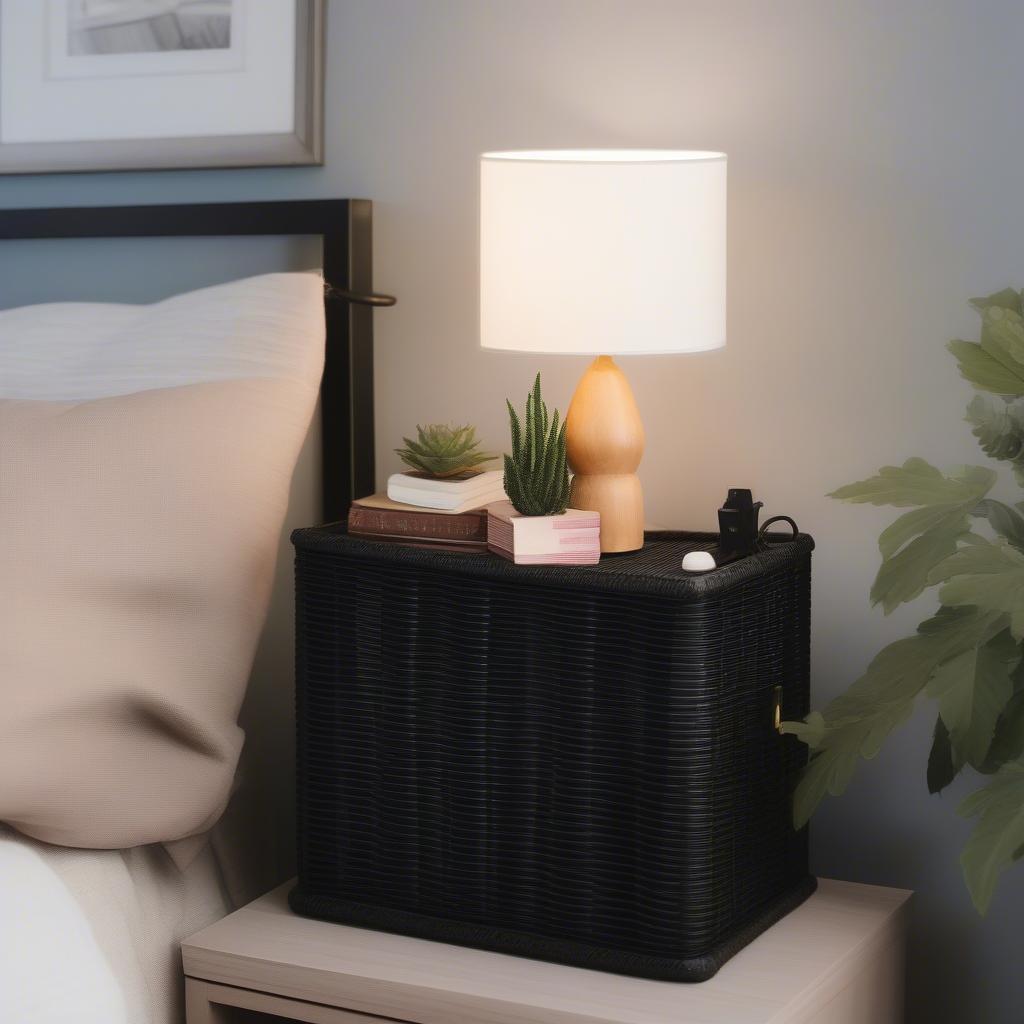 Black wicker storage cube used as a nightstand in a bedroom