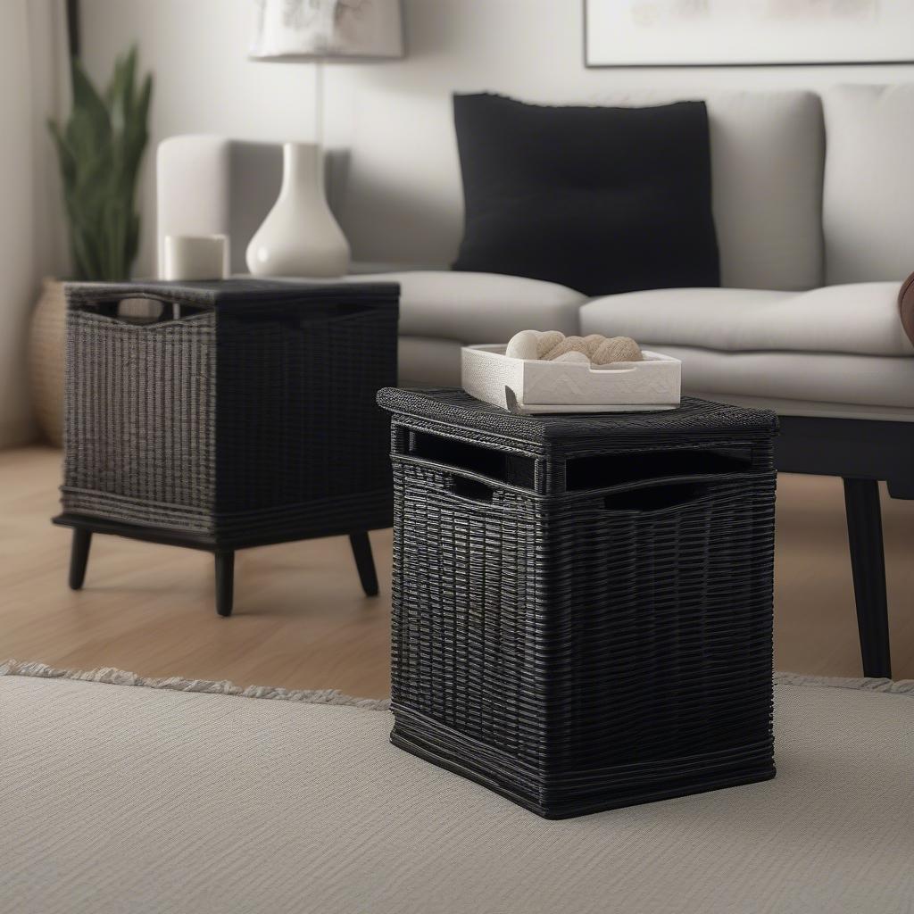 Black wicker storage cubes in a modern living room setting