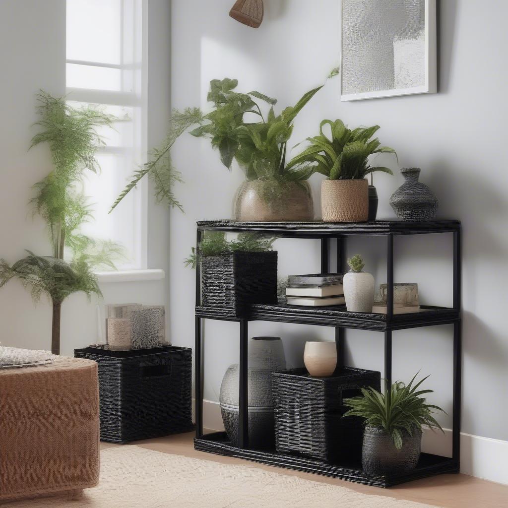 Black wicker storage cubes styled with plants and decorative accessories