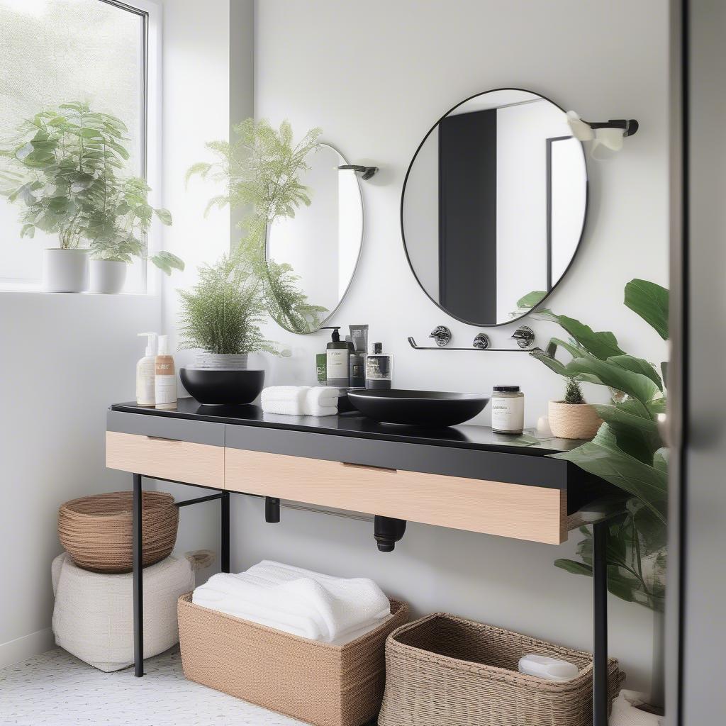 Black Wicker Storage Drawers in a Bathroom