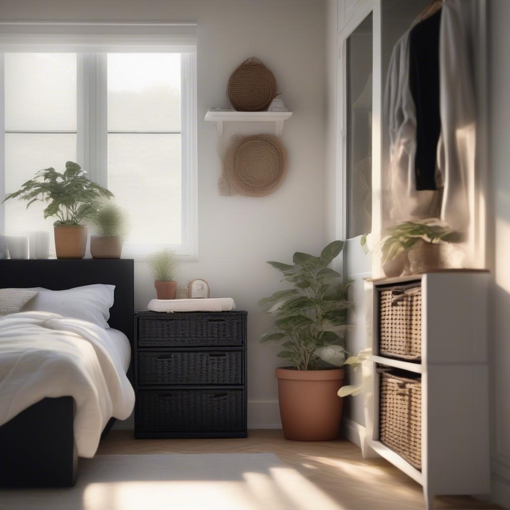 Black Wicker Storage Drawers in a Bedroom