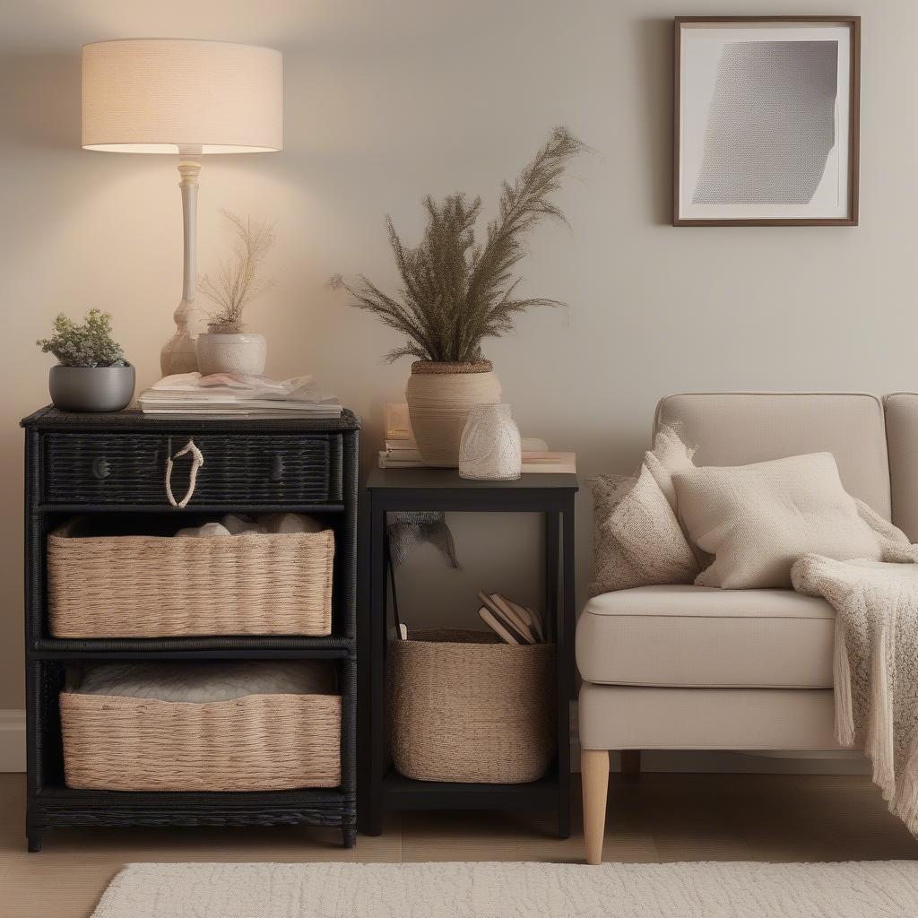 Black Wicker Storage Drawers in a Living Room