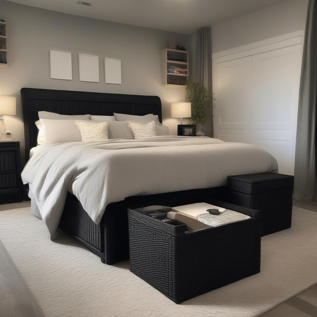 Black wicker storage ottoman at the foot of a bed