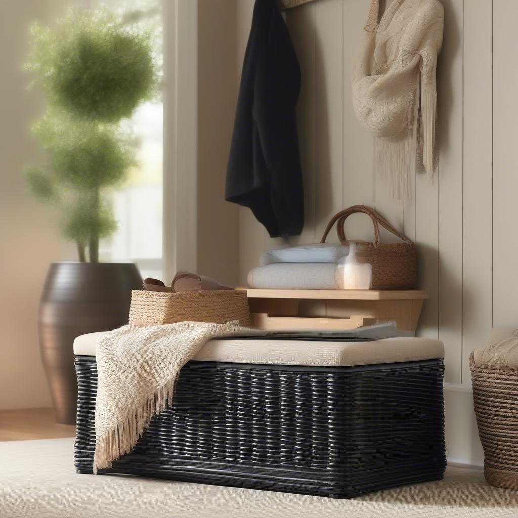 Black wicker storage ottoman in an entryway