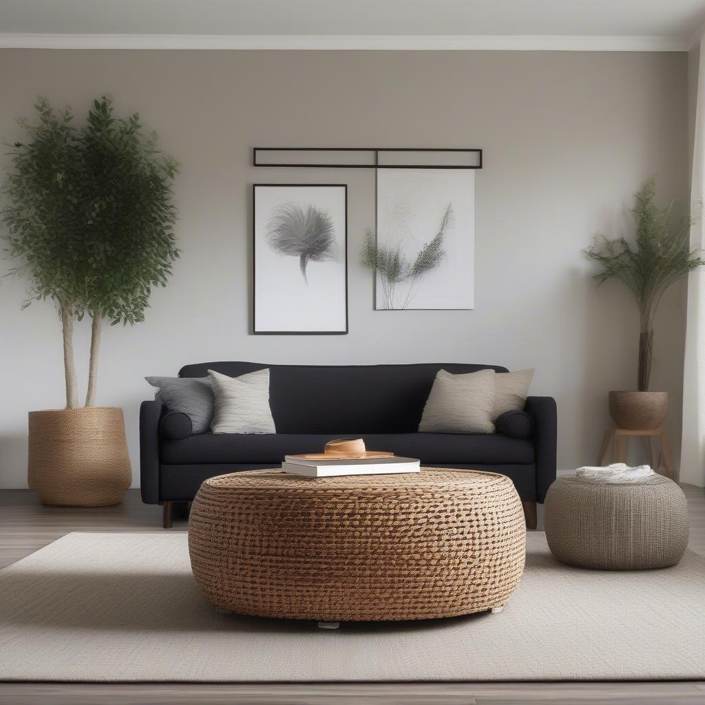 Black wicker storage ottoman in a modern living room