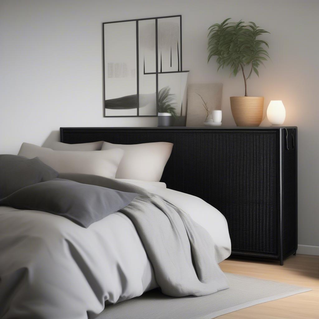 Black Wicker Storage Unit in a Bedroom