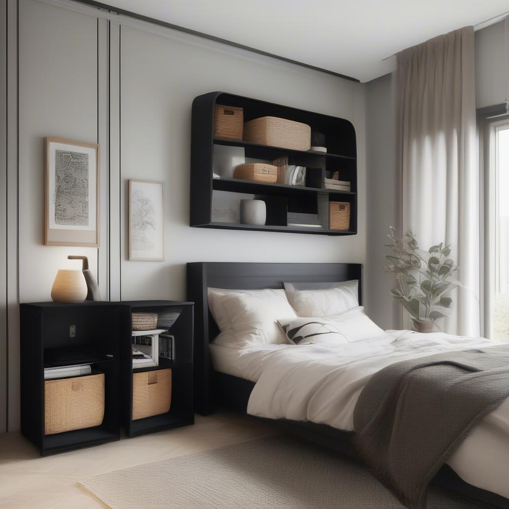 Black Wicker Storage Unit in Bedroom