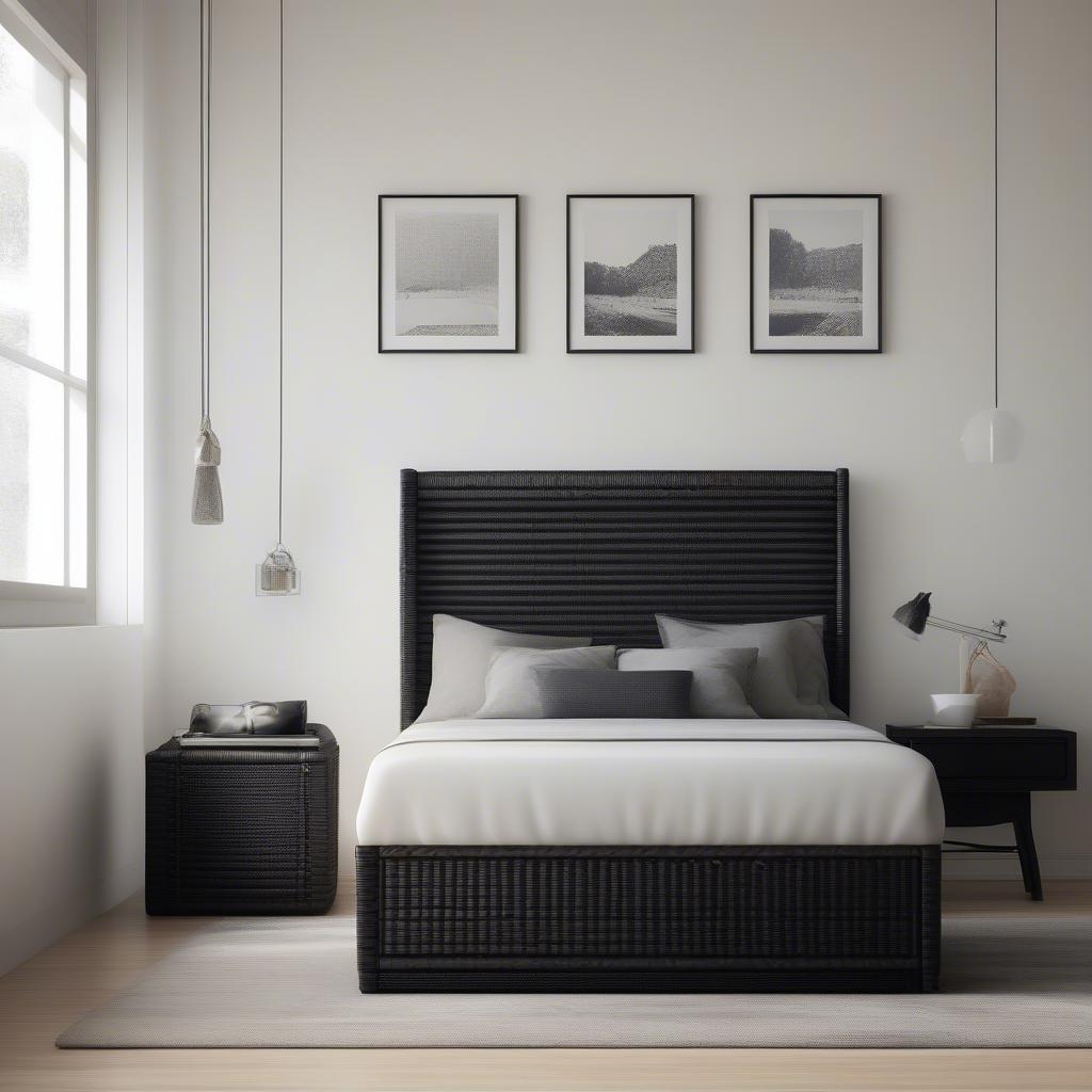 Black wicker trunk used as storage at the foot of a bed