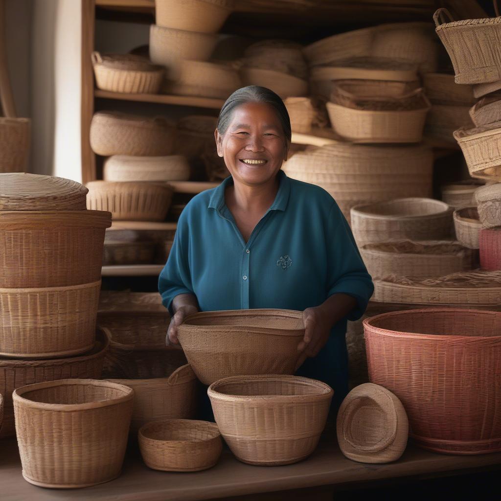 Blind artisan proudly displaying their handcrafted wicker baskets for sale.