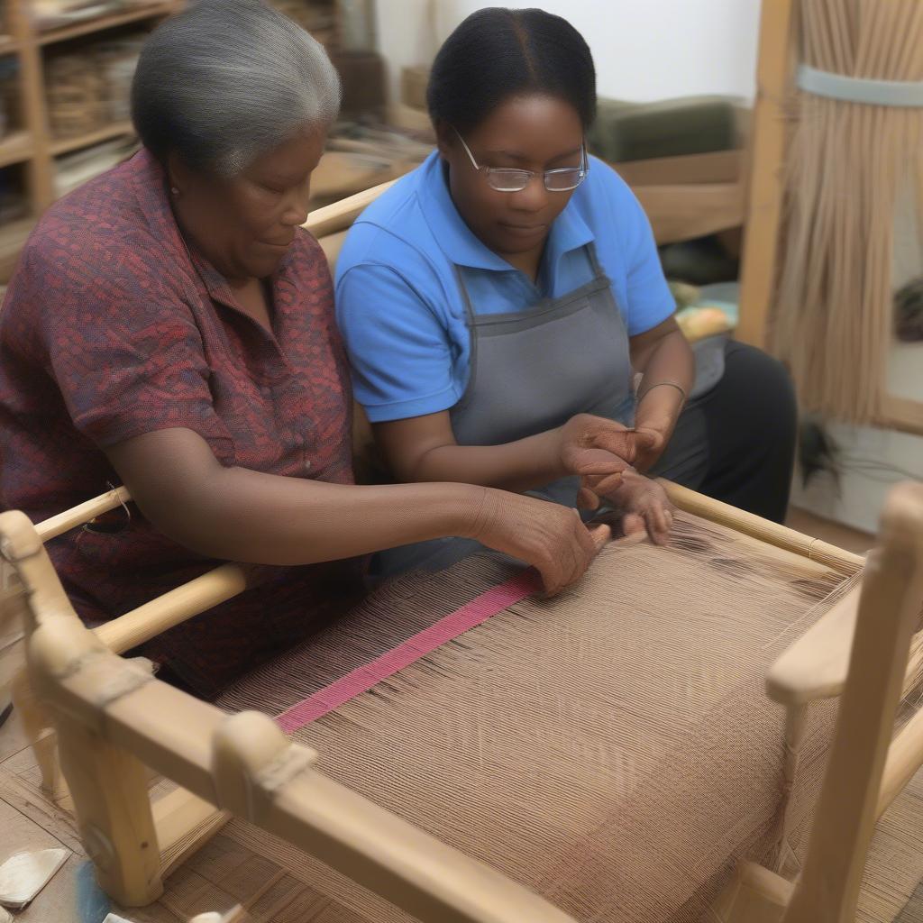 Blind artisan teaching wicker repair to a student