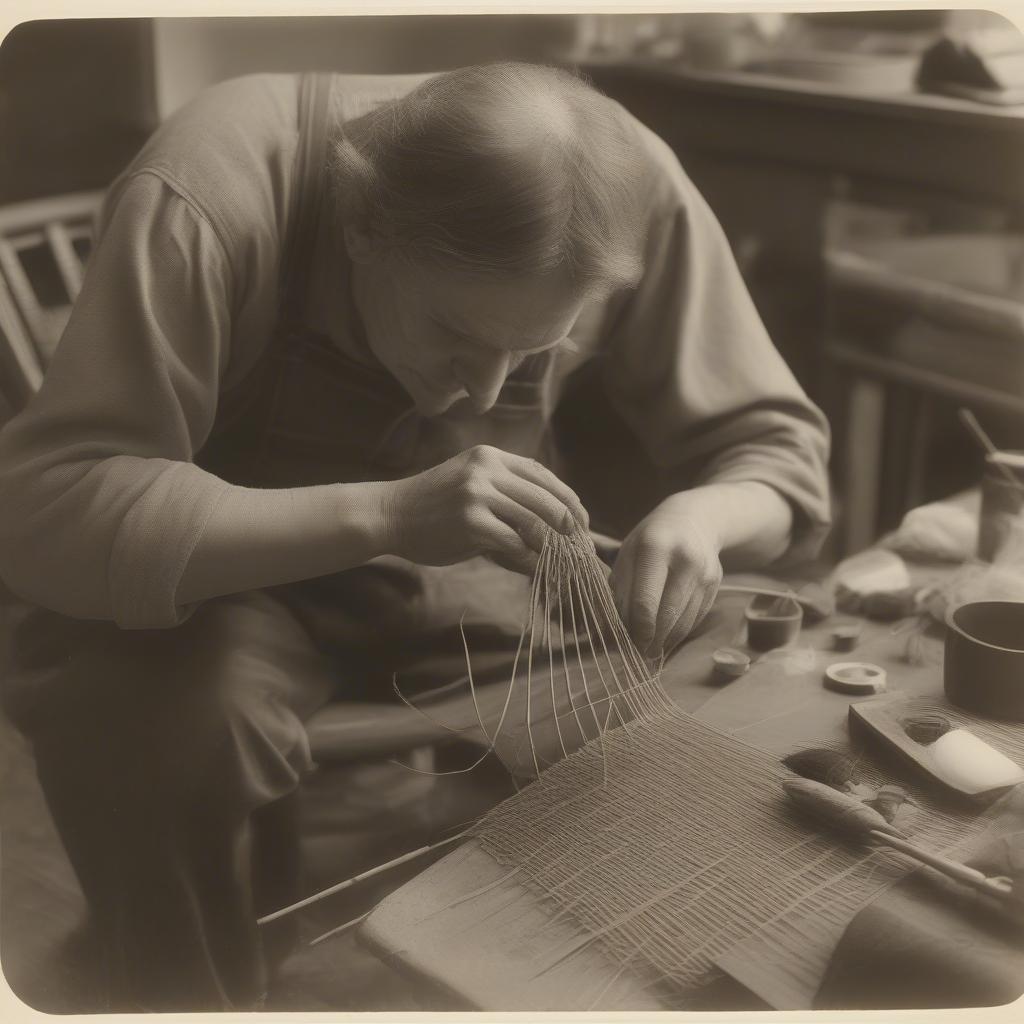 Blind person skillfully repairing a wicker chair