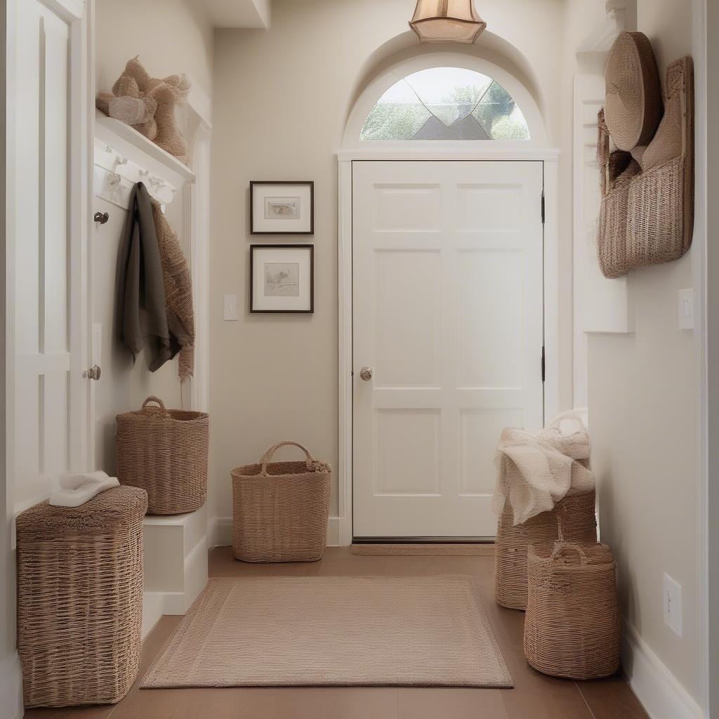 Bone dry bone-shaped wicker storage basket in an entryway