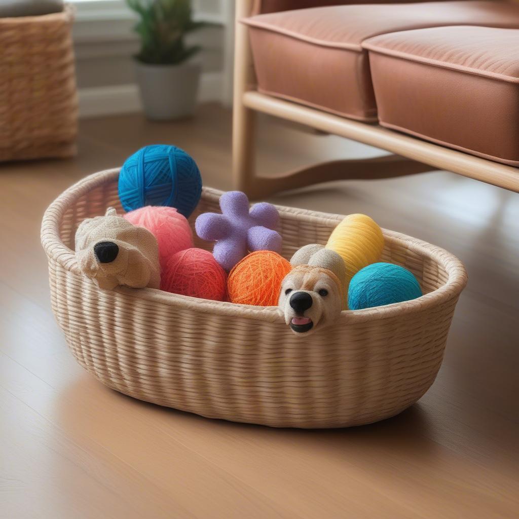 Bone dry bone-shaped wicker storage basket in a living room setting