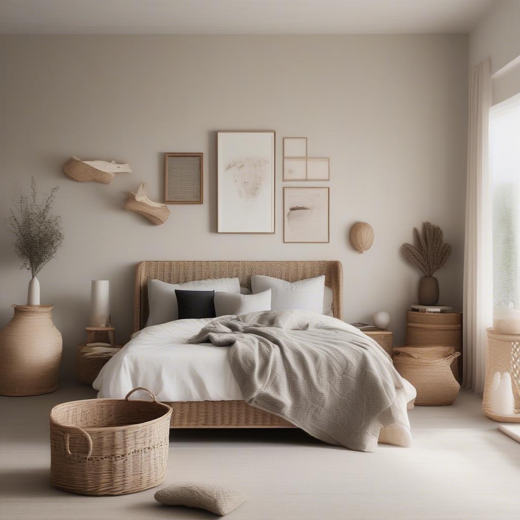 Bone-shaped wicker basket in a bedroom setting