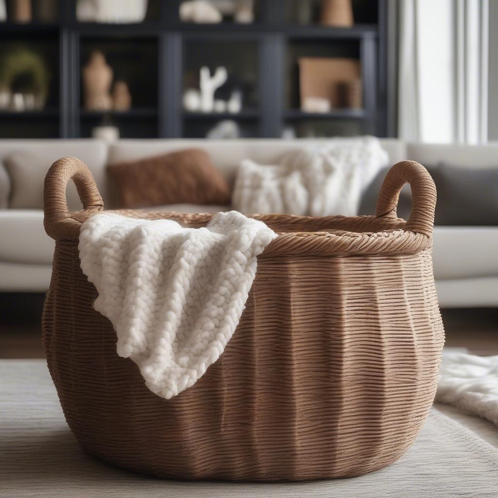 Bone-shaped wicker basket in a living room setting