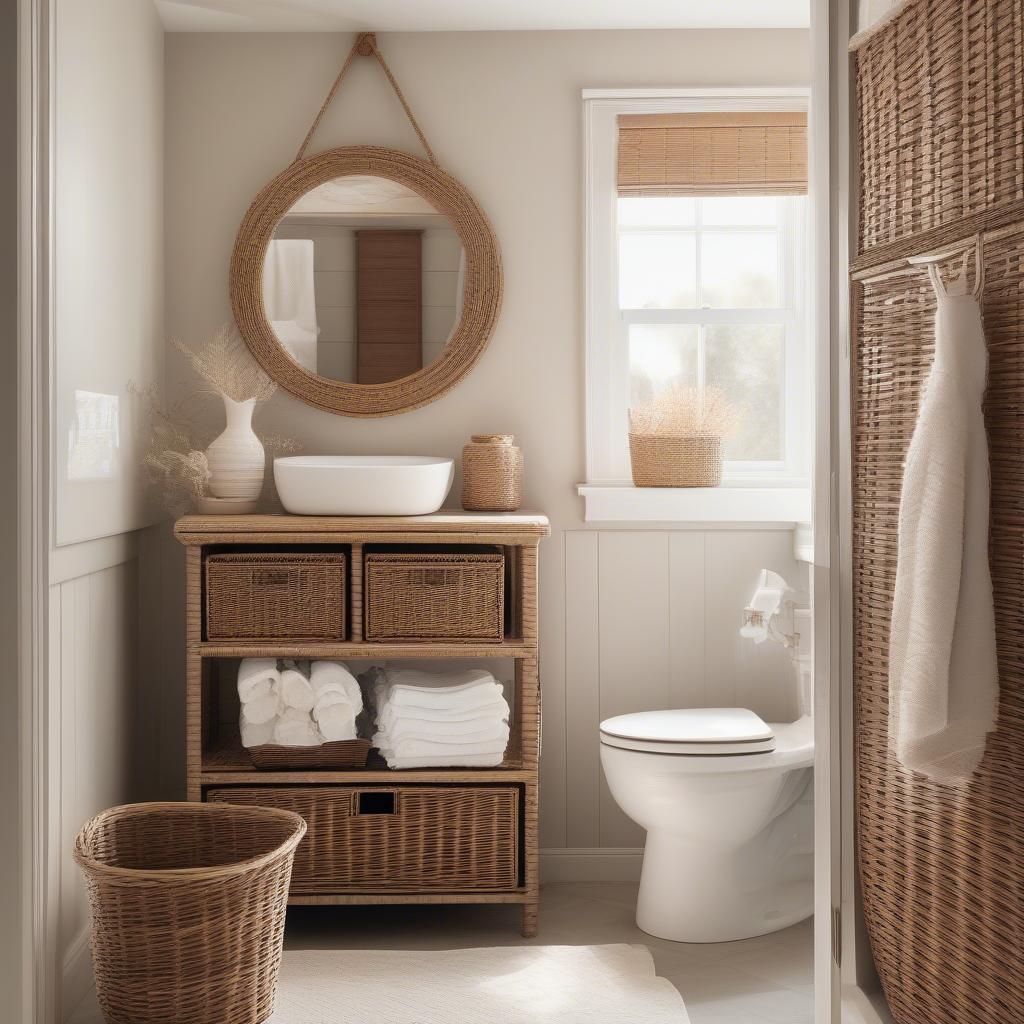 Brown wicker accessories in a bathroom