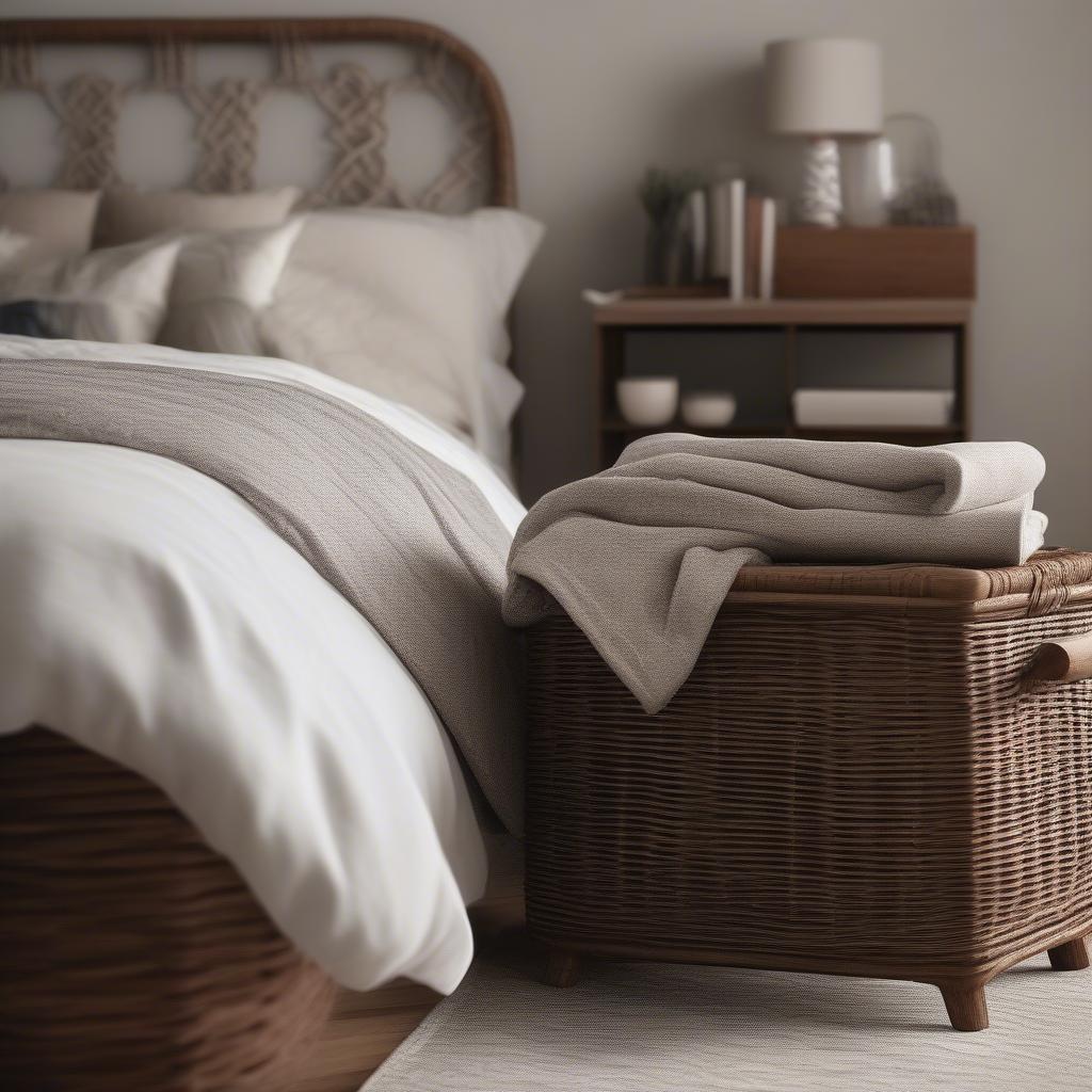 Brown Wicker Basket in Bedroom for Storage