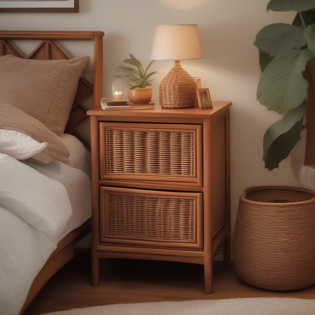 Brown wicker cabinet used as a nightstand in a bedroom