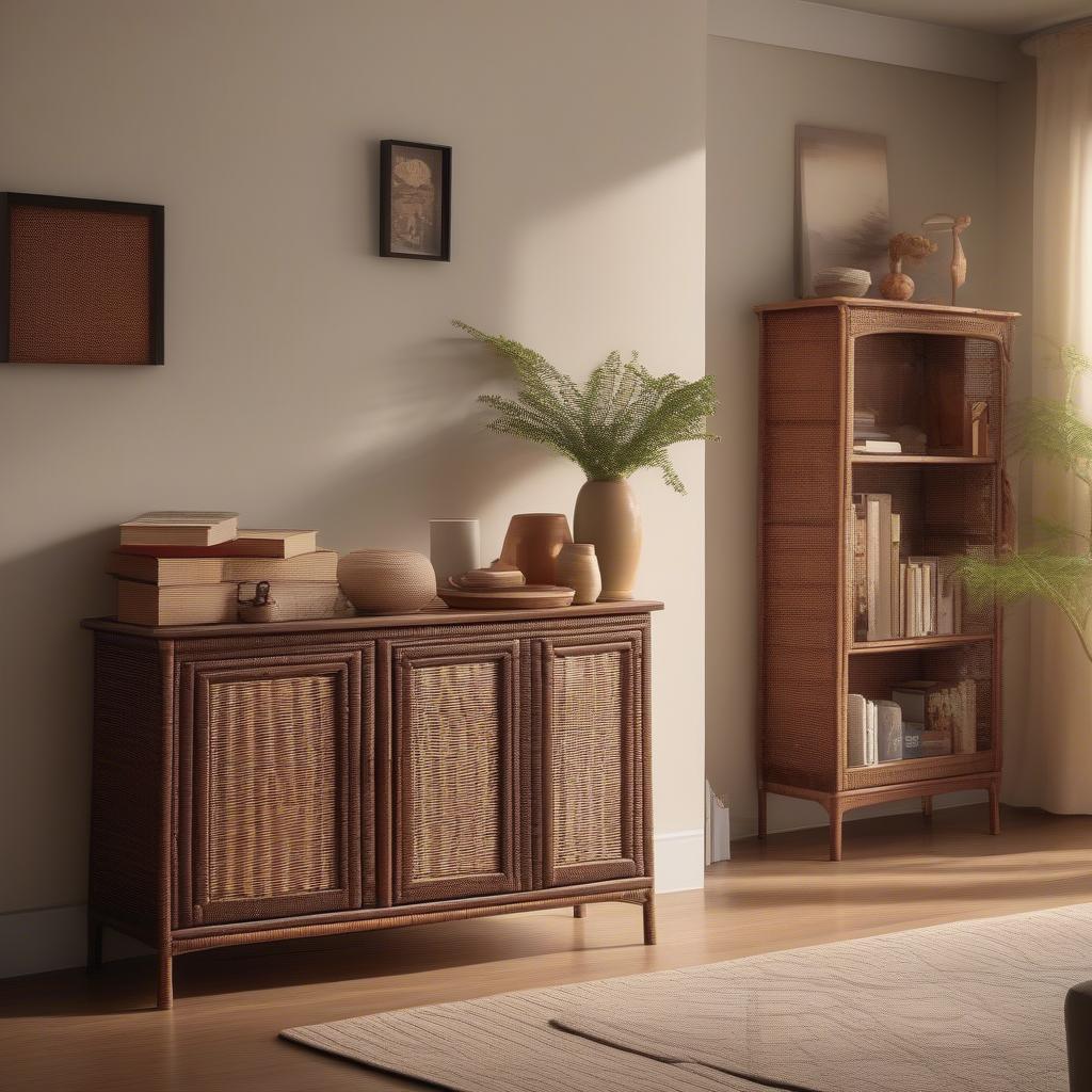 Brown wicker cabinet in a living room setting