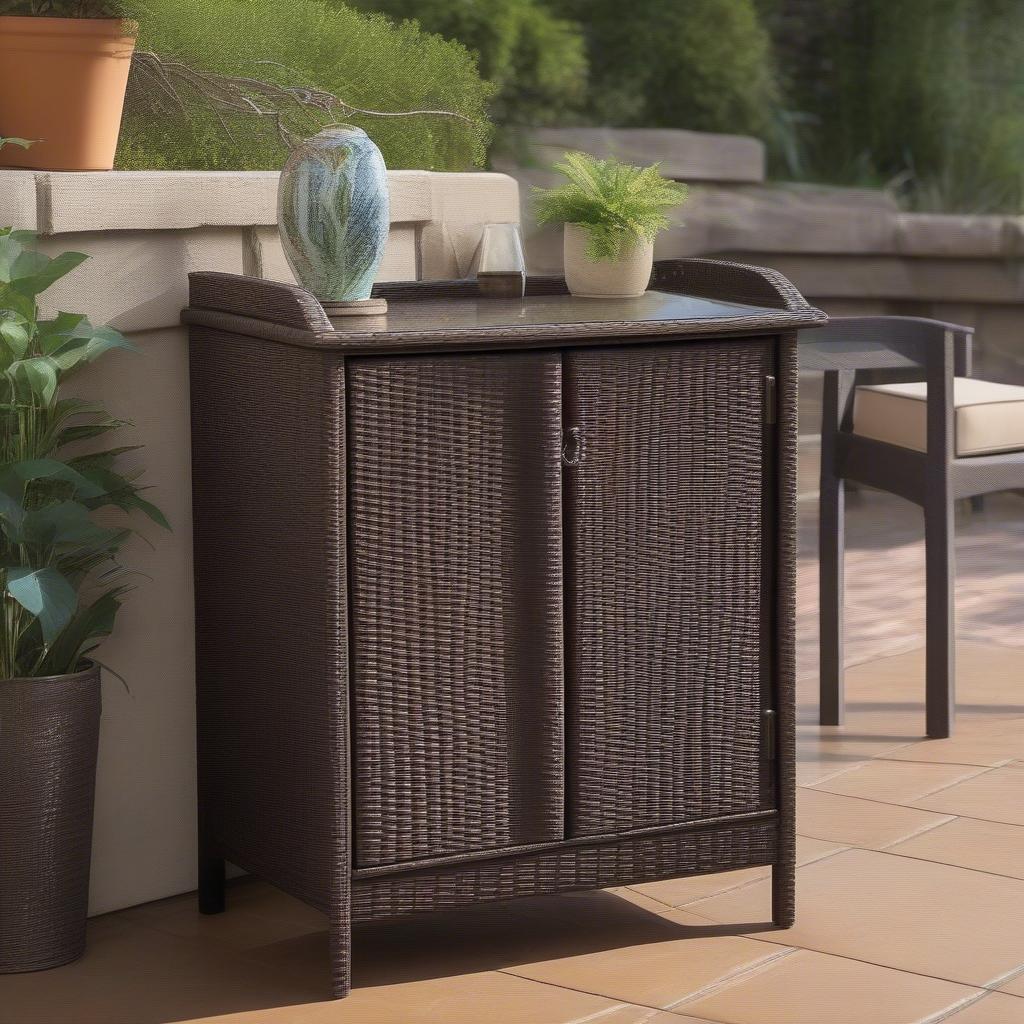 Brown wicker cabinet on an outdoor patio