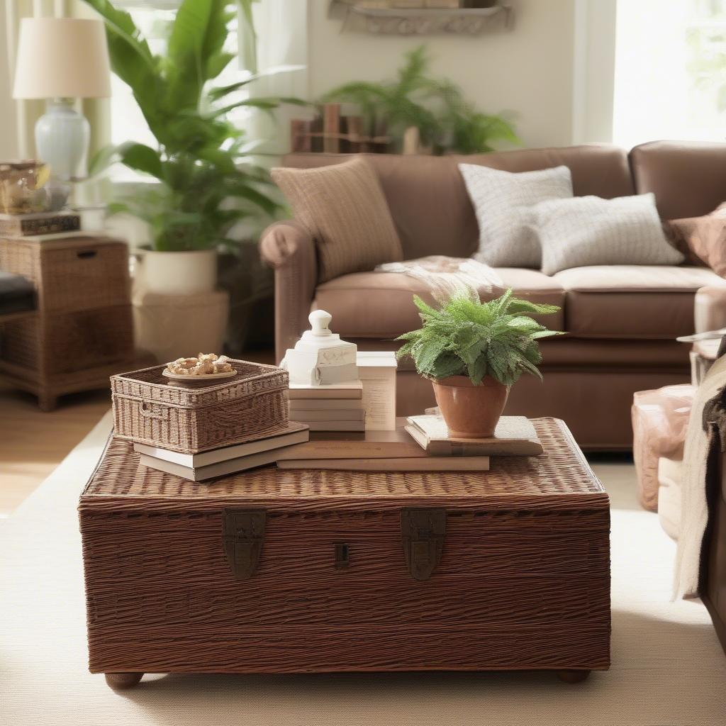 A brown wicker storage chest used as a coffee table in a stylish living room.