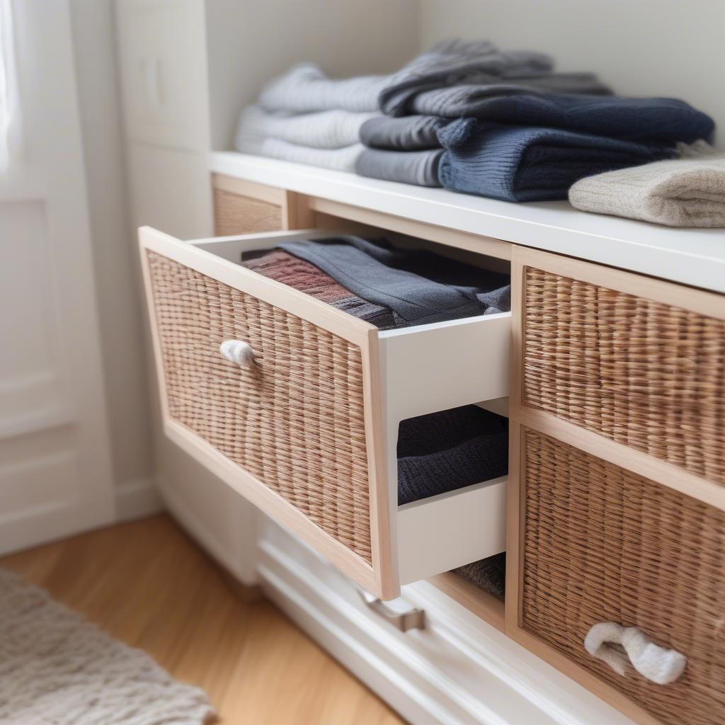 Brown wicker clothes drawer storage compartment in a bedroom setting