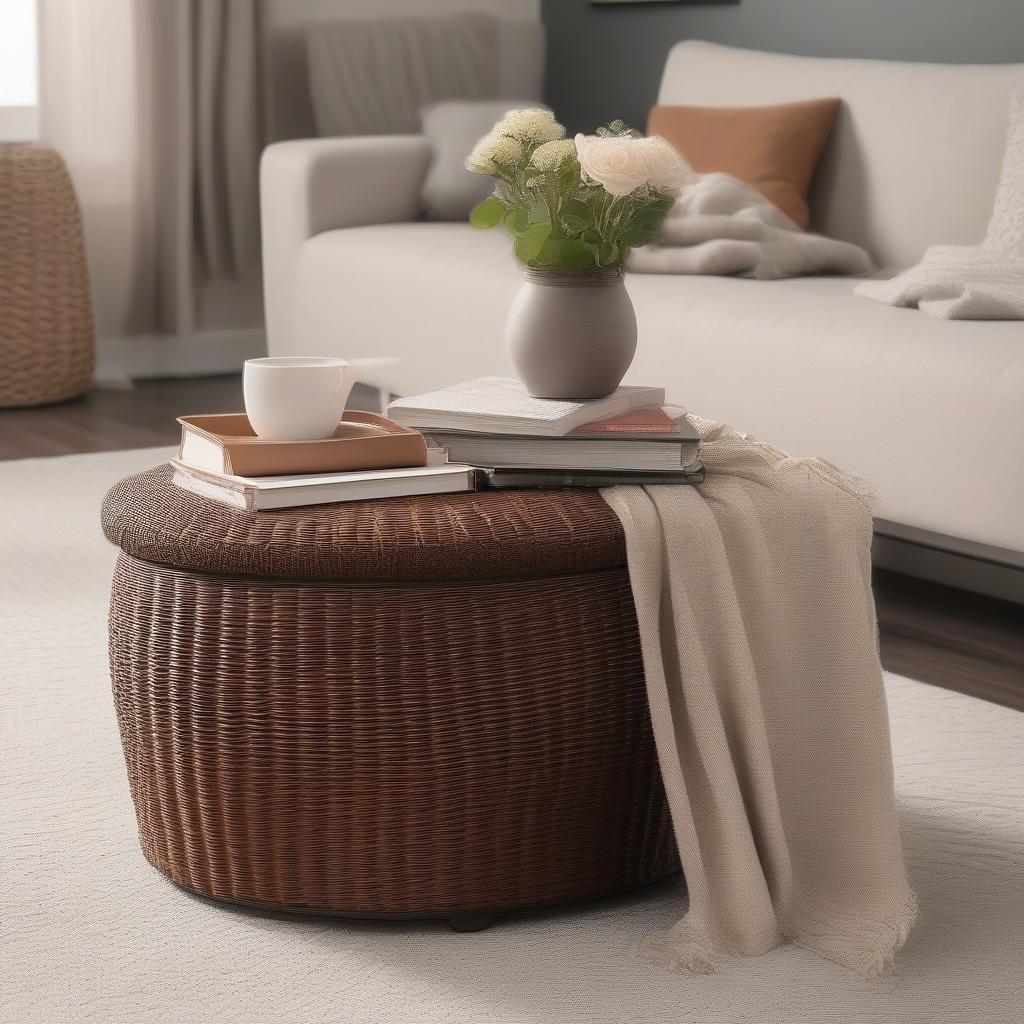 Brown Wicker Ottoman in a Living Room Setting