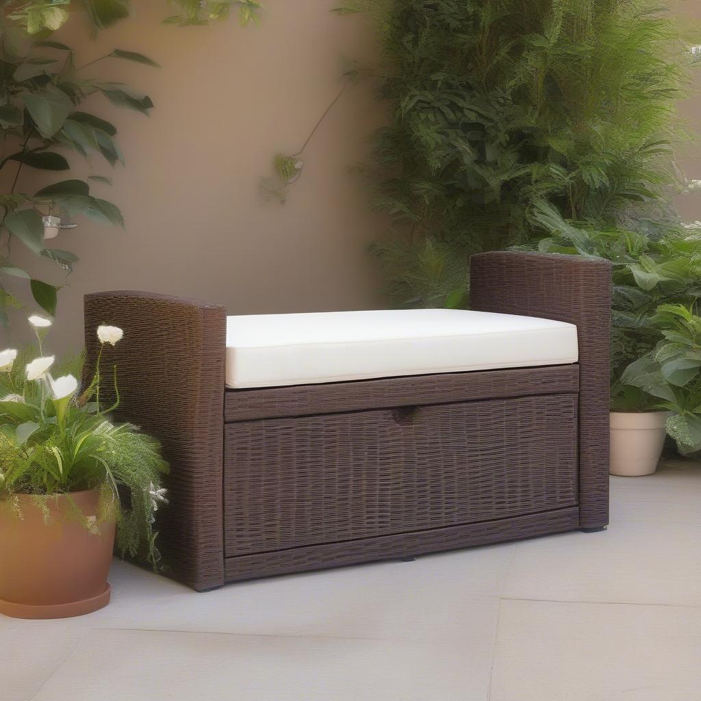 Brown wicker storage bench on a patio with cushions and plants.