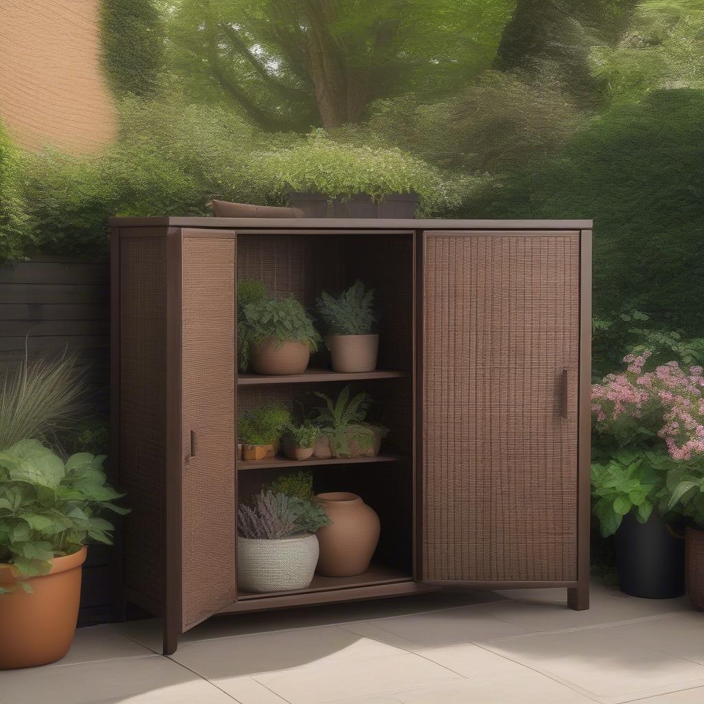 Brown wicker outdoor storage cabinet in a garden setting