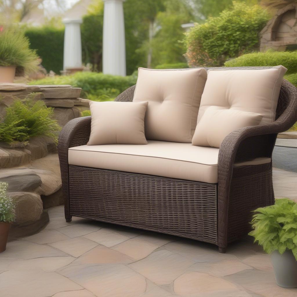 Brown wicker outdoor storage loveseat with cushions on a patio setting, showcasing the comfortable seating and ample storage space underneath.