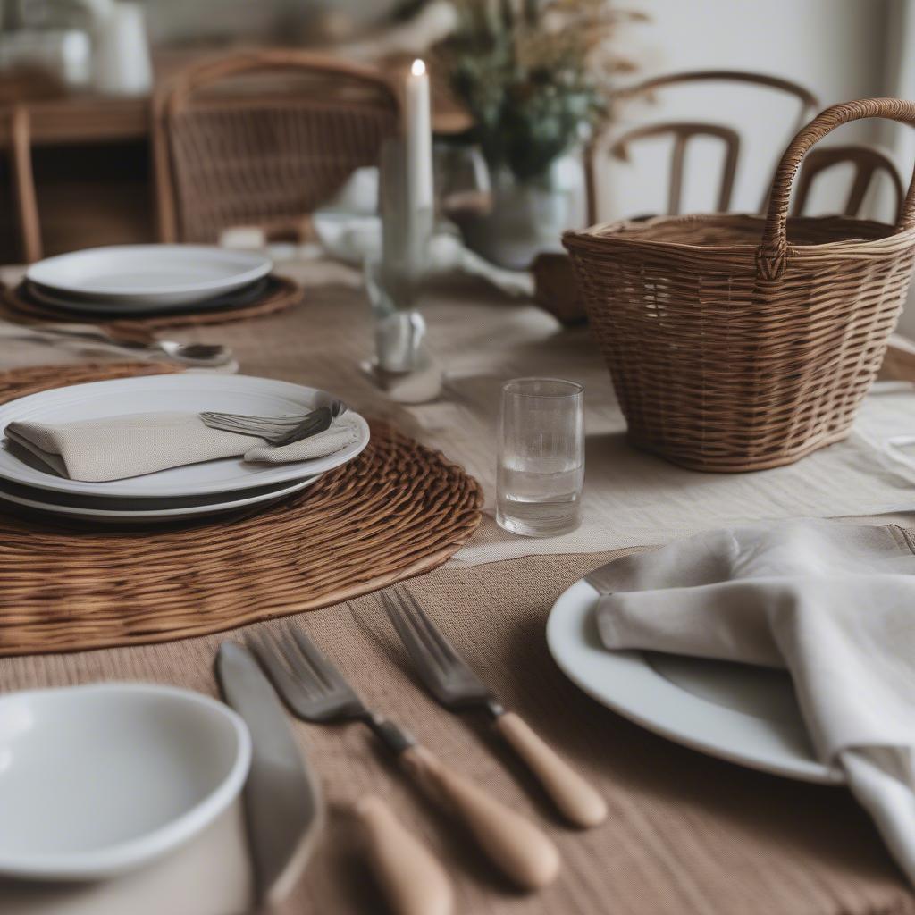 Brown wicker placemats set on a dining table for a casual meal.