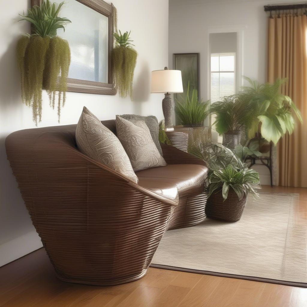 A contemporary brown wicker plant holder displayed in a stylish living room setting