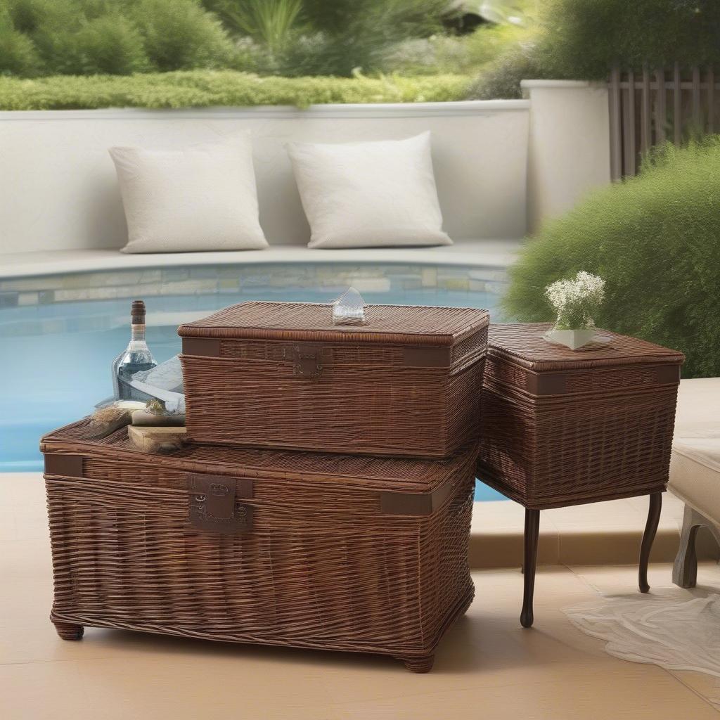 Brown wicker pool towel storage ideas for various poolside settings