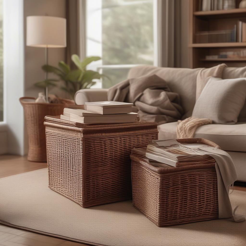 Brown Wicker Storage Baskets in a Living Room Setting