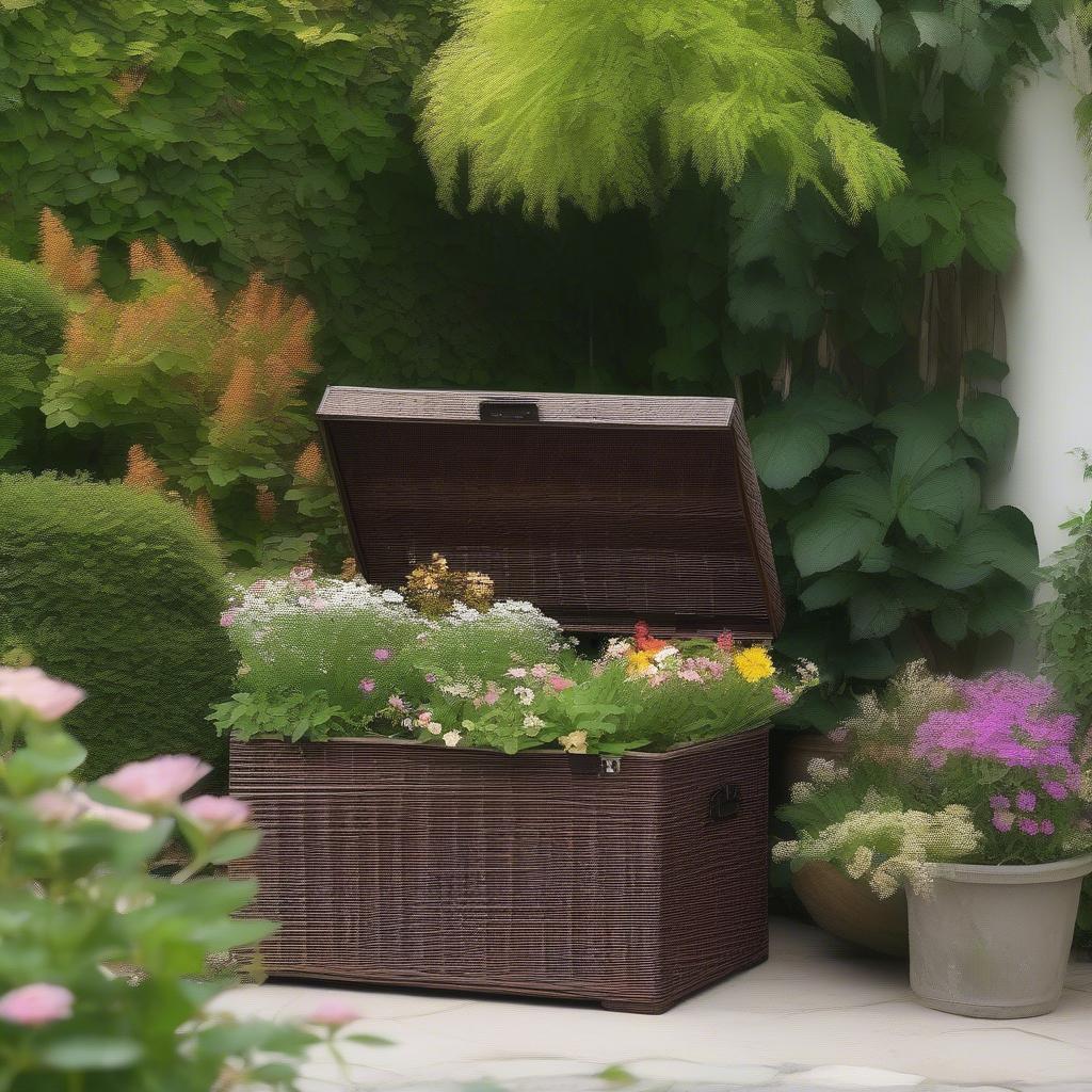 Brown Wicker Storage Box in Garden Setting