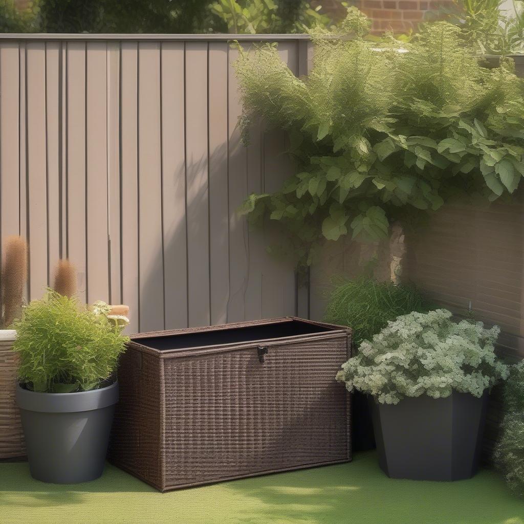 Brown wicker storage box in a garden setting.