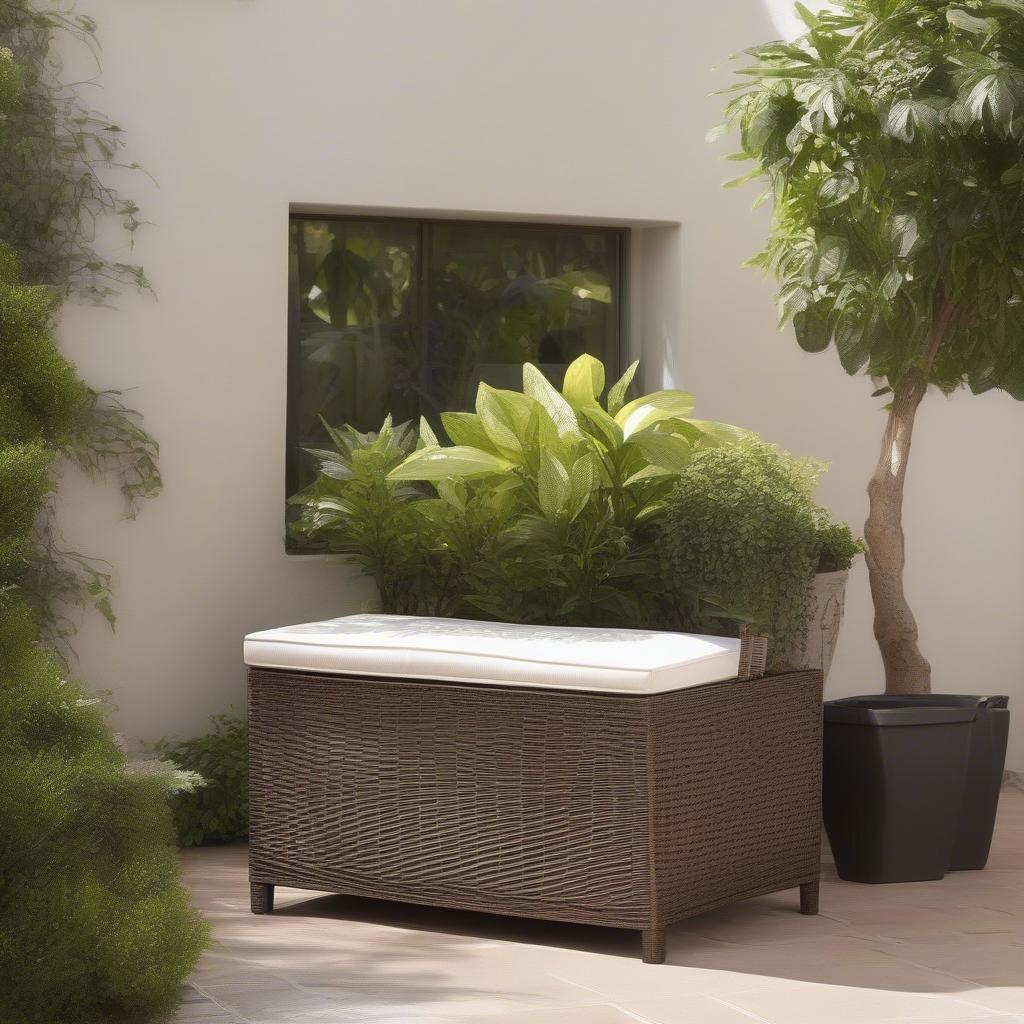 Brown Wicker Storage Box on an Outdoor Patio