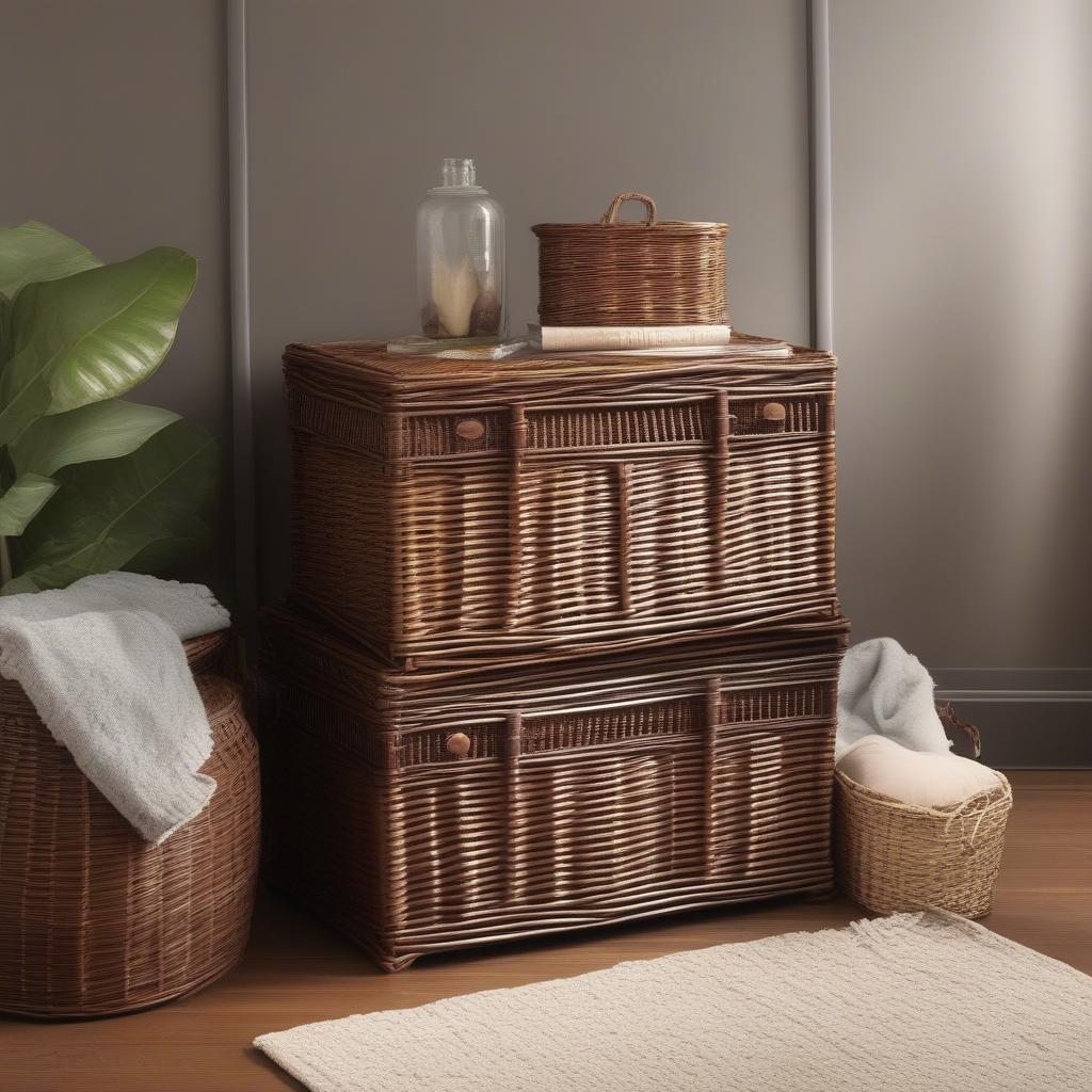 Brown wicker storage chests in various sizes, showcasing different storage capacities.