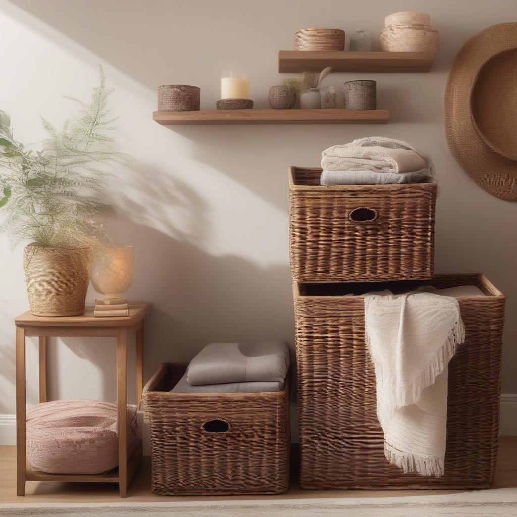 Brown wicker storage drawers in a living room setting