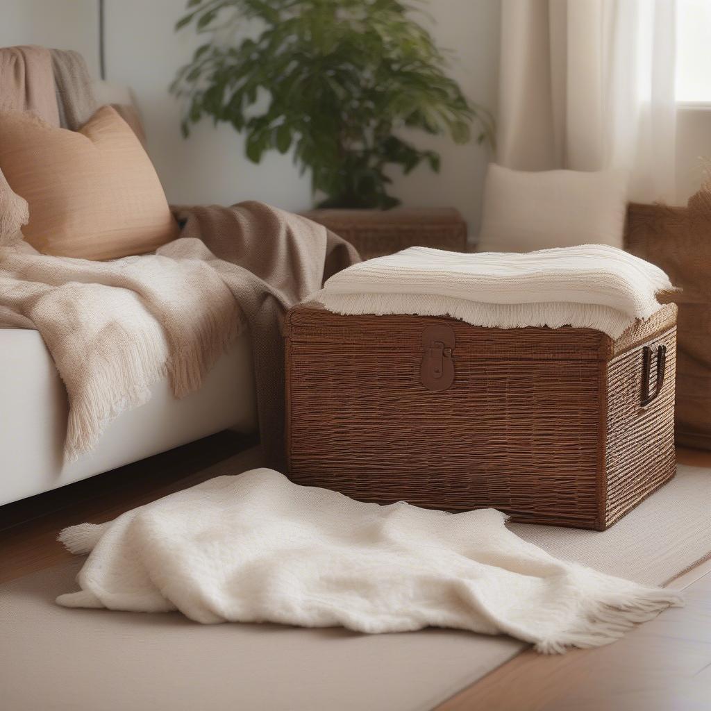 Brown wicker storage trunk in a living room setting