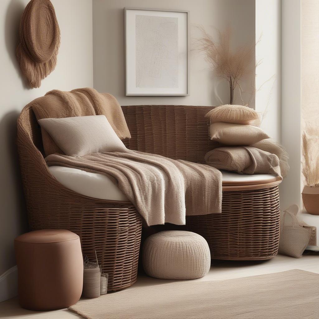 Brown wicker storage unit in a living room setting