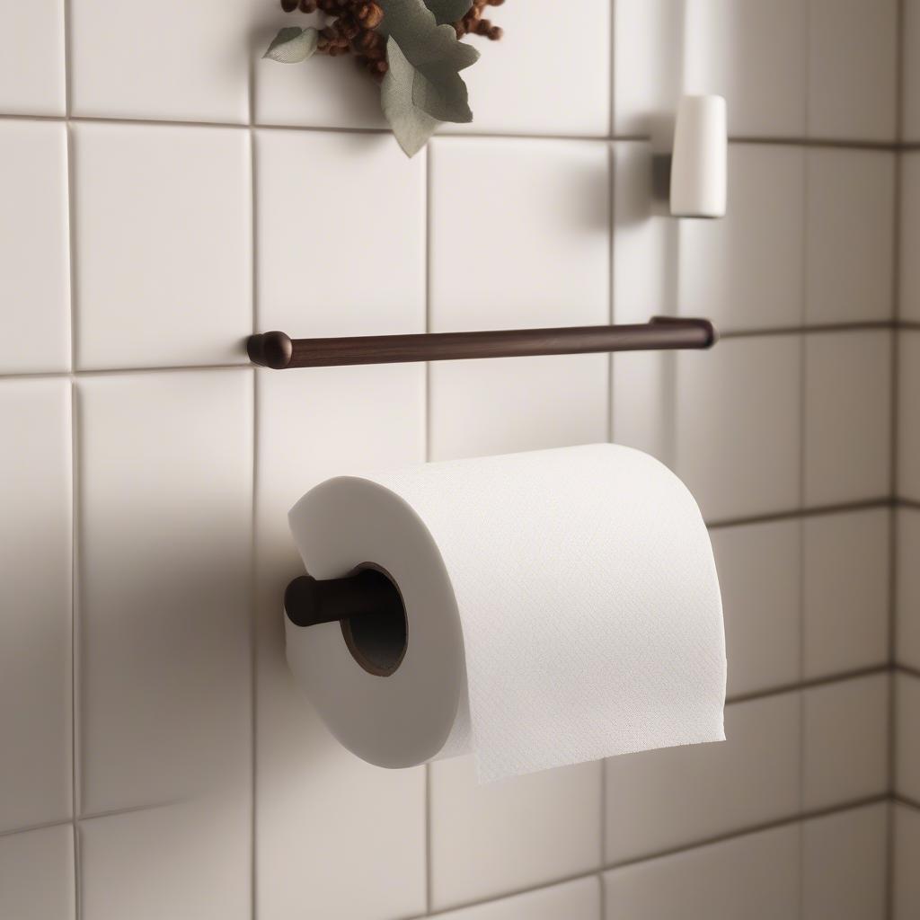 Brown wicker toilet paper holder in a modern bathroom setting